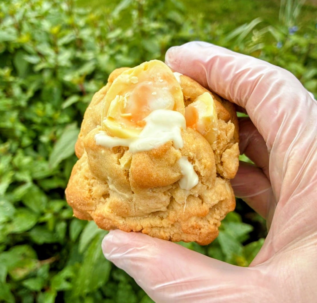 White Choc Creme Egg Stuffed NYC Cookie hero