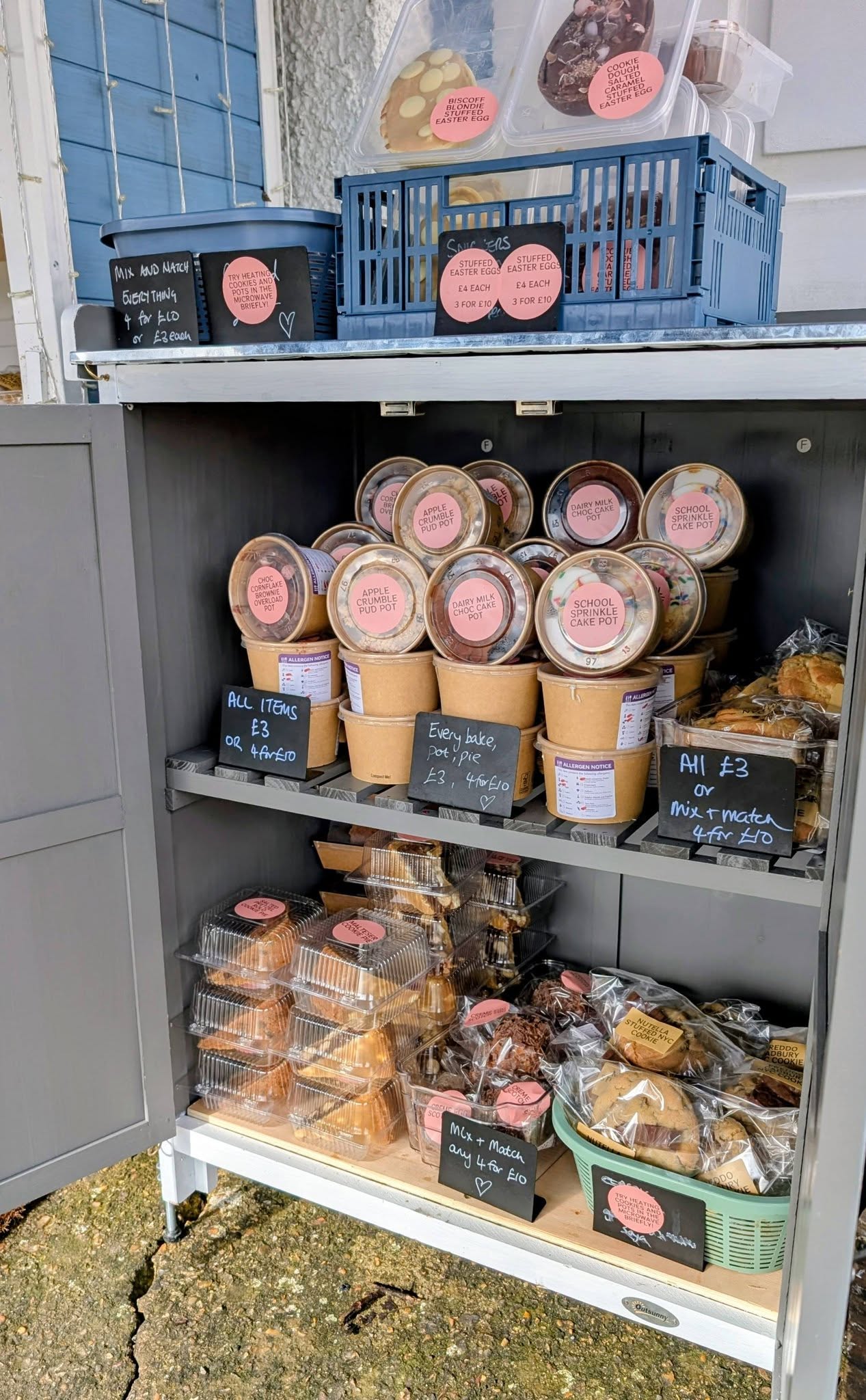 Bakes laid out on the shelves inside The [Brownie] Edit Hut